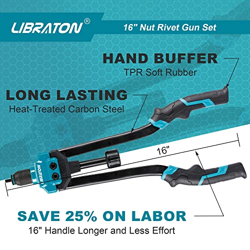 Libraton Professional Hand Riveter for Double Handle Threaded Inserts Kit, 16 Inch Rivet Nut with 70 Nuts and 7 Metric Mandrels, Easy to Replace