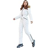 Yousify Womens Winter Ski Suit One Piece Hooded Fur Collar Ski Jumpsuit Snowsuit Outdoor Sports Coat