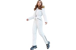 Yousify Womens Winter Ski Suit One Piece Hooded Fur Collar Ski Jumpsuit Snowsuit Outdoor Sports Coat