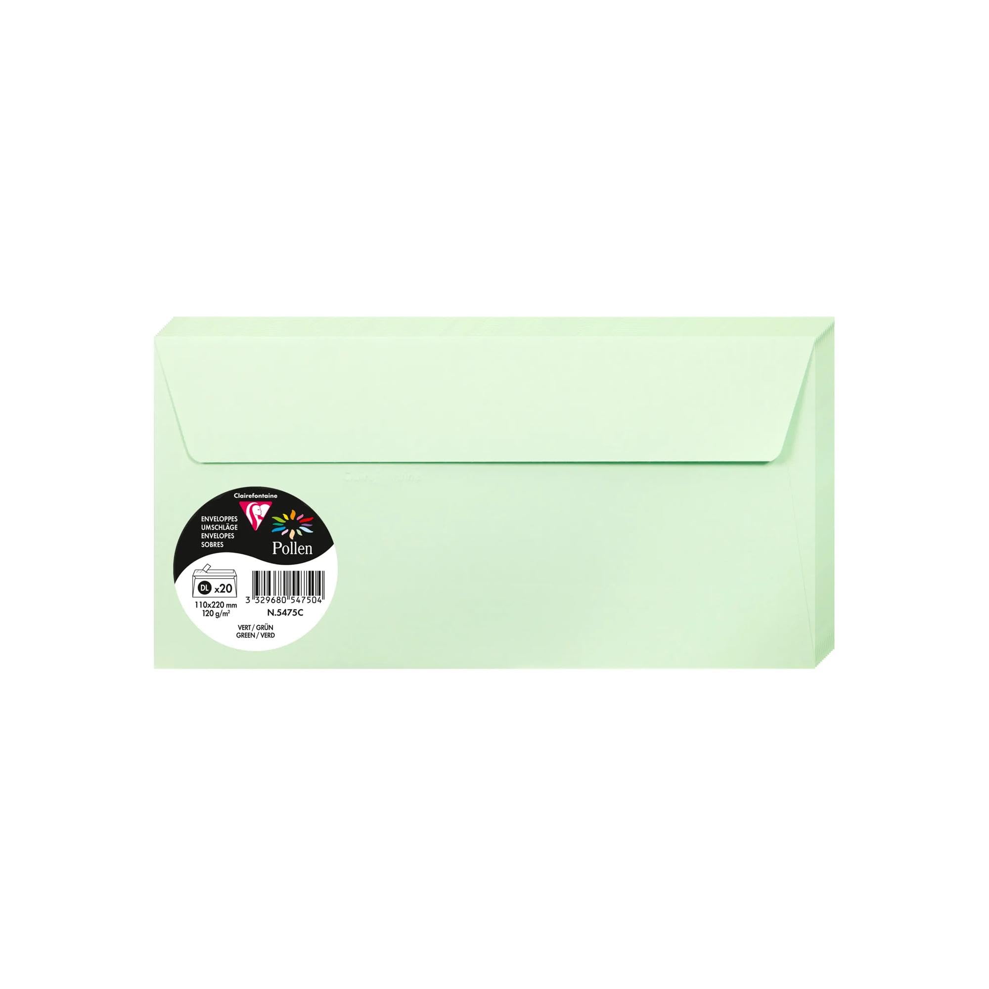 Clairefontaine 5475C Pack of 20 Self-Adhesive Envelopes Format DL 11x22cm 120gsm Colour Green Invitation Events Correspondence Pollen Range Premium Paper — image 1
