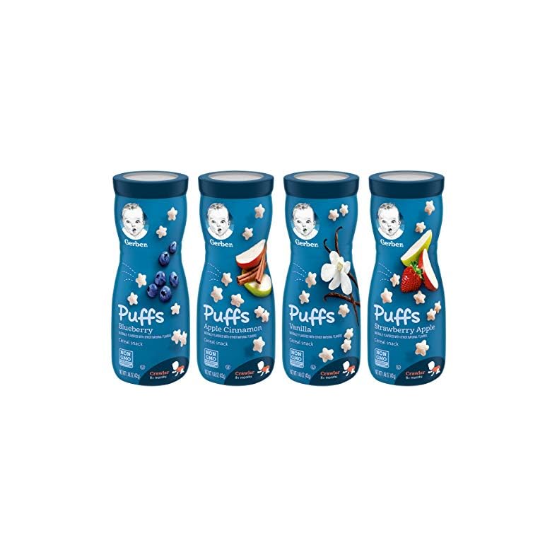 Gerber Graduates Puffs Cereal Snack, Variety (Blueberry, Apple Cinnamon, Vanilla, Strawberry Apple)1.48 Oz,(Pack -4)