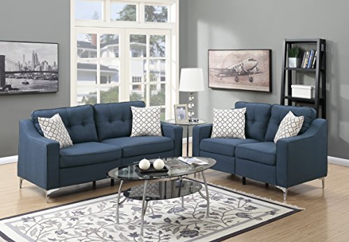 Mid-Century Modern 2pcs Sofa Set Bobkona Sofa Love-seat Navy Polyfiber Tufted Cushion Back Pillows Couch Living Room
