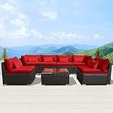 Modenzi 7G-U Outdoor Sectional Patio Furniture Espresso Brown Wicker Sofa Set (Red)