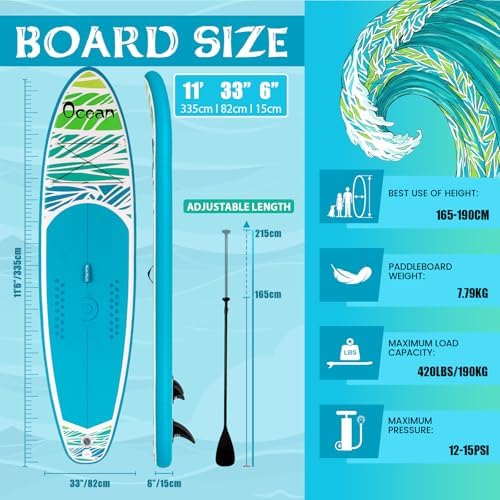 Tabla de Paddle Inflable Ultra Ligera, Stand Up Paddle Board con 3 Aletas, Remo Ajustable, Bomba, Mochila, Correa de Seguridad y Bolsa Impermeable para Teléfono
