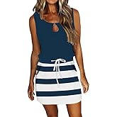 Womens Summer Causal Loose Sleeveless Crew Neck Drawstring Waist Mini Short Dress with Pockets