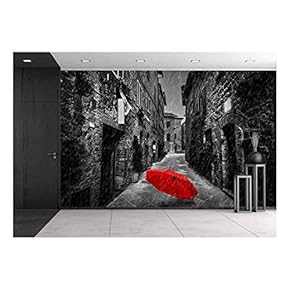 Umbrella on Dark Narrow Street in an Old Italian Town in Tuscany, Italy. Raining. Black and White with Red - Removable Wall Mural | Self-Adhesive Large Wallpaper - 66x96 inches