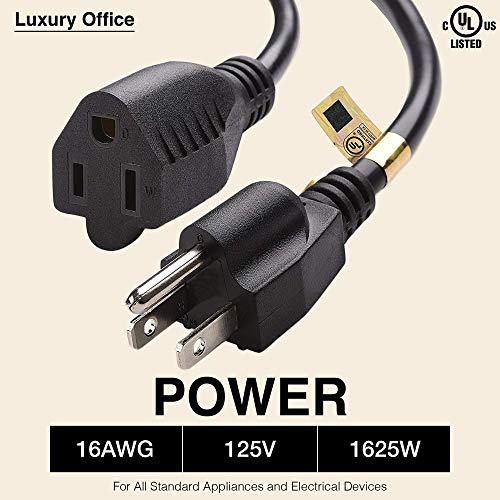 1 Foot Extension Cord Three Prong Space Saver Short Cable, 16 AWG