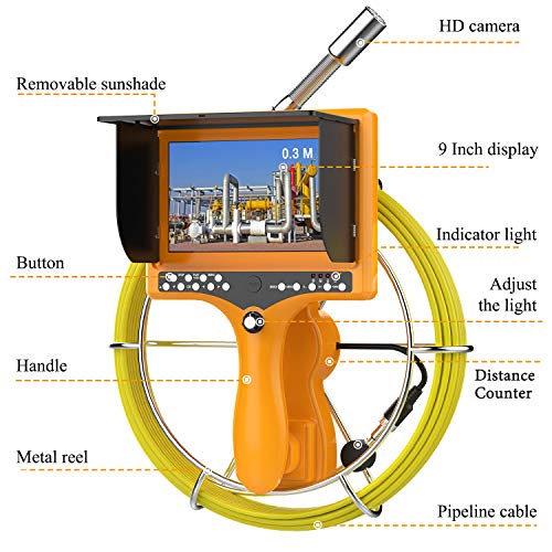 Sewer Camera,HBUDS Pipe Inspection Camera,Pipeline Drain Industrial Endoscope 30M/100ft Snake Video System With DVR Recorder Distance Counter Waterproof IP68 9"TFT Monitor 1000TVL Sony CCD Pipe Camera