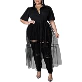 Sunlips Women's Sexy Plus Size Lapel Shirt Dresses Mesh See Through Puff Short Sleeve Flowy Swing Dress Clubwear