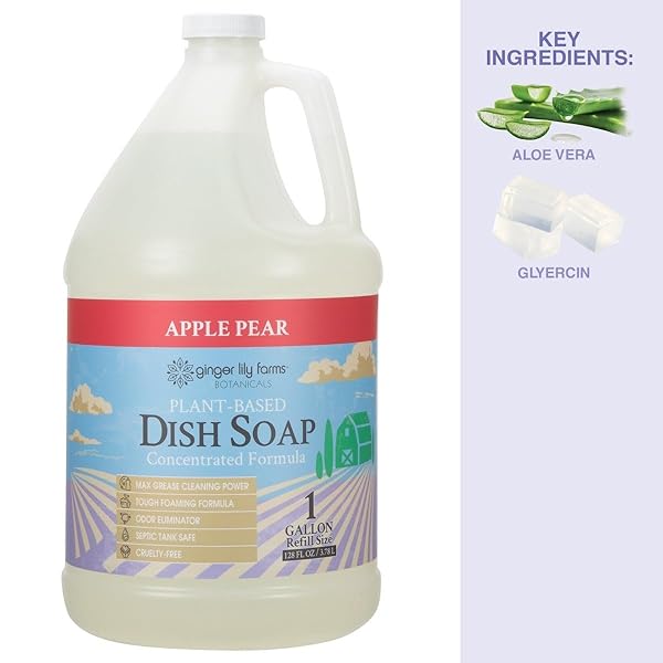 GINGER LILY FARMS BOTANICALS PLANT-BASED LIQUID DISH SOAP, CONCENTRATED FORMULA WITH MAX GREASE CLEANING POWER, CRUELTY-FREE, APPLE PEAR SCENT, 1 GALLON REFILL (128 FL. OZ.)