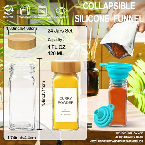 AISIPRIN 24 Pcs Glass Spice Jars with Bamboo Airtight Lids and 398 Labels, 4oz Empty Square Containers Seasoning Storage Bottles - Shaker Lids, Funnel, Brush and Marker Included