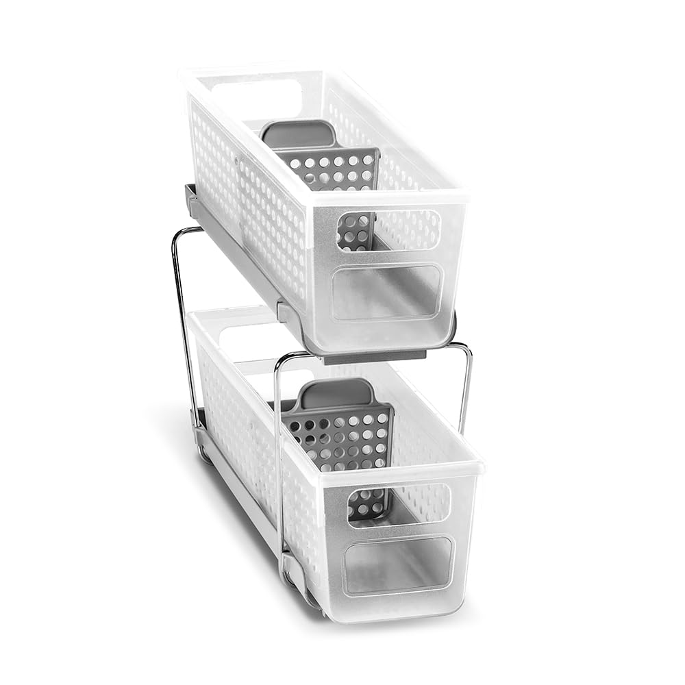 Photo 1 of Madesmart 2-Tier Plastic Mini Multipurpose Organizer with Divided Slide-Out Storage Bins, Compact Under Sink and Cabinet Organizer Rack, Frost