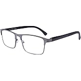 OKH Men's Reading Glasses Blue Light Blocking Steel Metal Frame Rectangle Clear Lens Spring Hinges Anti Glare Glasses, 1.5x