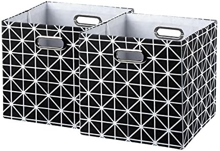 Baist cubby storage cubes,printed heavy duty canvas decorative bed storage bins baskets for living room toys clothes square collapsible 11×11, 2 pack