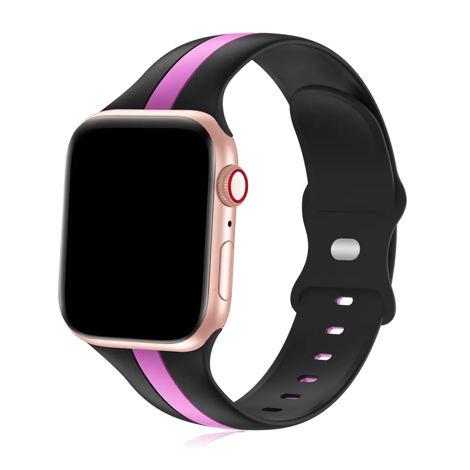 Sport Silicone Strap with Racing Stripe for Apple Watch - Compatible with 38mm to 45mm Models, Including Ultra SE and Series 1-9, Secure Buckle Design (42MM/44MM/45MM/49MM, Black/Purple)