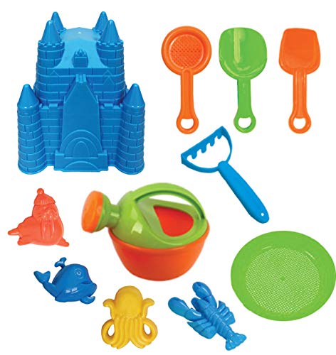 Present Avenue 11 Piece Sand Castle Mold Beach Toy Set with Shovels Scoops and sea Creature molds (Color Varies)