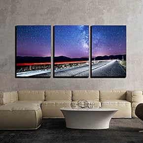 3 Piece Canvas Wall Art - Night Sky with Milky Way and Stars. Night Road Illuminated by Car. Light Trails - Modern Home Art Stretched and Framed Ready to Hang - 16"x24"x3 Panels