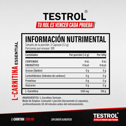 Carnitina Essential 1200mg por porción, L Carnitina Tartrato libre de Estimulantes para Hombre y Mujer, Calidad Premium | Testrol L-Carnitina Essential | TSN (200 CAPSULAS).
