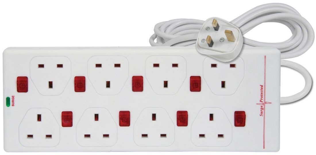 ShaniTech 2m 8 Gang Surge Protected Extension Lead Switched Neon 8 Way (White)