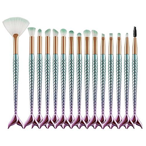 Makeup Brush Set, 15 pcs Mermaid Cosmetic Brushes Kit Kabuki Professional Foundation Powder Liquid Cream Eyebrow Eyeshadow Eyeliner Concealer Brushes Tools