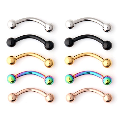 Ruifan 10PCS Assorted Colors Eyebrow Piercing Jewelry Curved Barbell with Balls Kit Eyebrow Tragus Lip Ring 16g 16 gauge 8mm