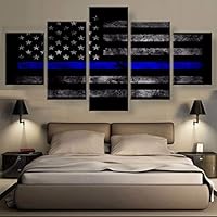 HIOJDWA Paintings 5 Piece Canvas Abstract Thin Blue Line Flag Canvas Picture Painting Room Decor Print Poster Wall Art