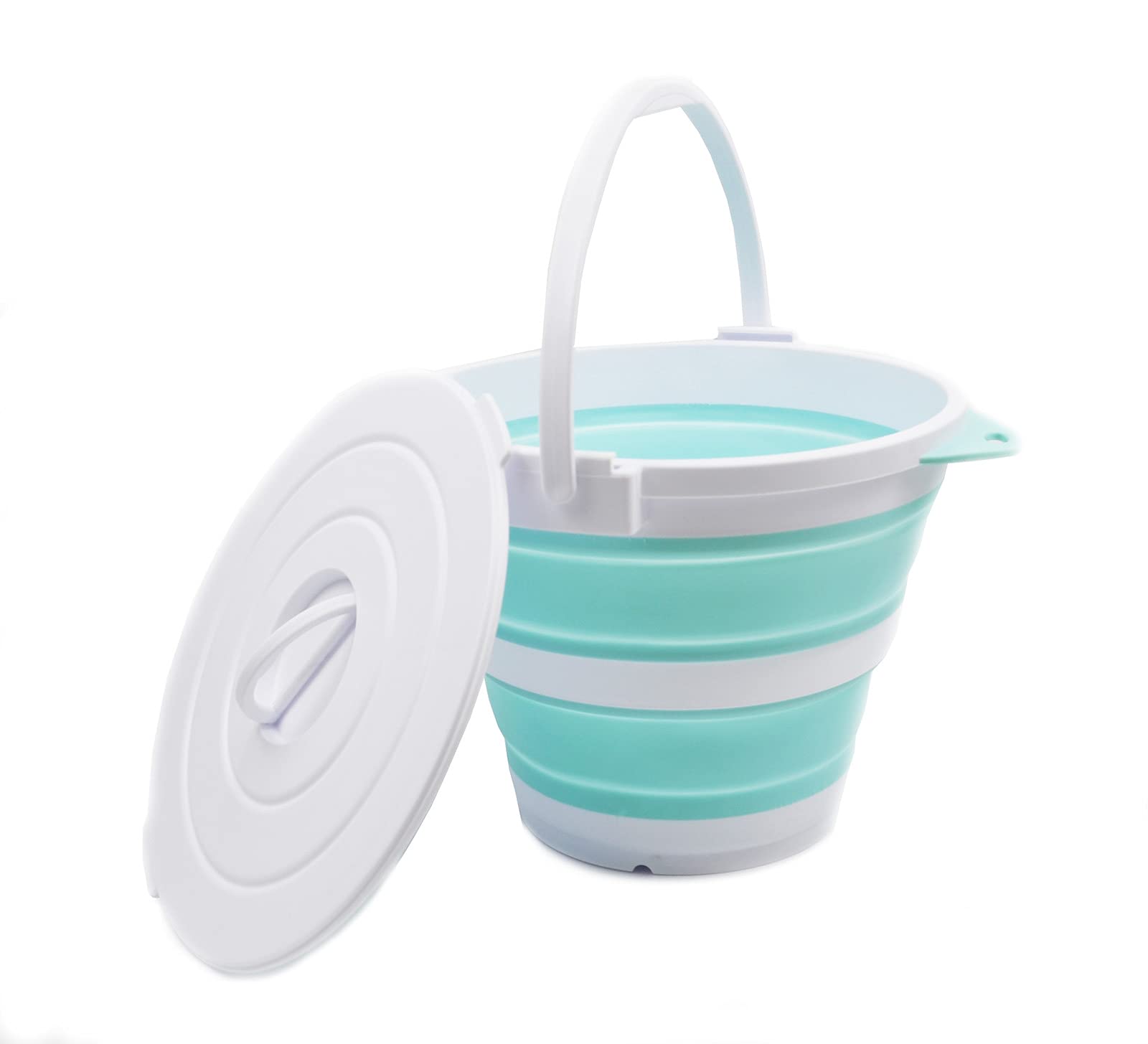 SAMMART 10L Collapsible Fishing Bucket with Locking Lid - Foldable Round Tub - Portable Plastic Water Pail - Space Saving Outdoor Waterpot (White/Lake Green) — image 1