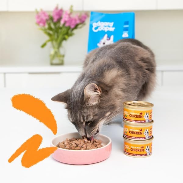 Ração húmida Edgard Cooper para gatos, adultos, galinhas, 85g x 18, ração esterilizada e ativa para gatos, sem cereais, ingredientes naturais, hipoalergénica, sem açúcares adicionados