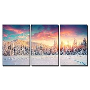 3 Piece Canvas Wall Art - Colorful Winter Panorama in The Carpathian Mountains. Fir Trees Covered Fresh Snow - Modern Home Art Stretched and Framed Ready to Hang - 16"x24"x3 Panels