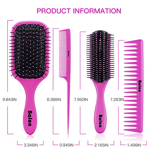 4Pcs Paddle Hair Brush, Detangling Brush and Hair Comb Set for Women and Men, Great On Wet or Dry Hair, No More Tangle Hairbrush for Long Thick Thin Curly Natural Hair (Pink)
