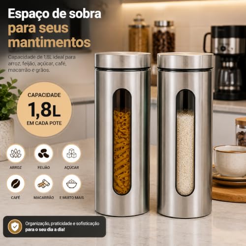 Kit Com 2 Potes Vidro Vítreo Grande Revestidos Em Inox 1,8L | Com Tampa de Vedação e Visor - Ideal para Armazenar Macarrão, Arroz, Feijão, Açúcar, Grãos e Mantimentos