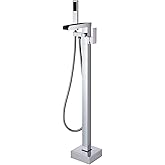 Wowkk Freestanding Tub Filler Waterfall Bathtub Faucet Chrome Floor Mount Brass Single Handle Bathroom Faucets with Hand Shower