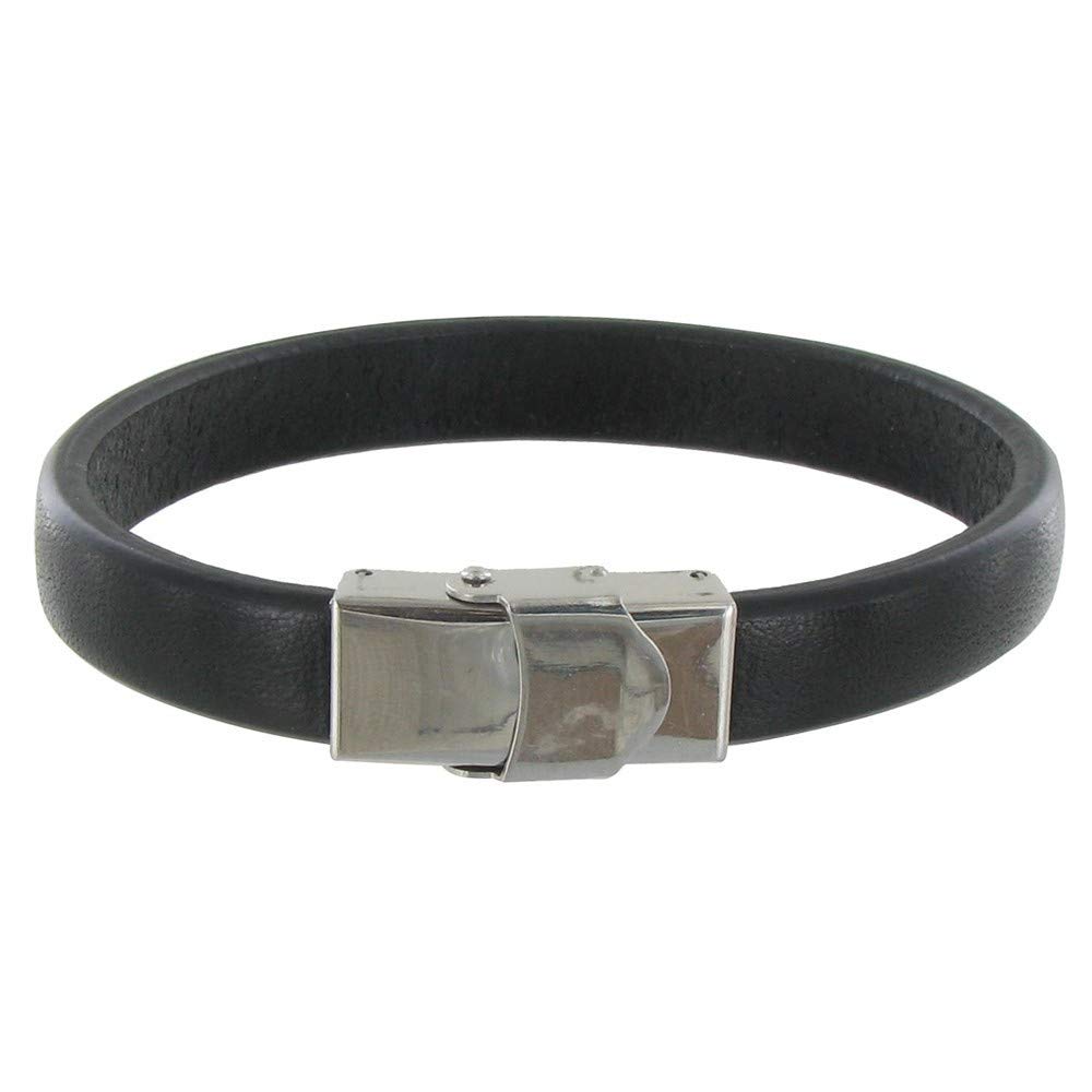 LES POULETTES BIJOUX - child's Bracelet Black Leather Wide Steel Clasp