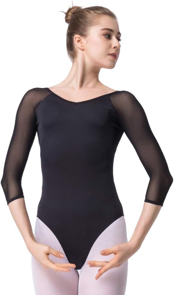 EASTBUDDYDance Ballet Leotards for Women Girls 3/4 Long Sleeve V-Neck Leotard