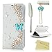 Galaxy S6 Case - Mavis's Diary 3D Handmade Bling Crystal Golden Flowers PU Leather Wallet with Lovely Sparkle Blue Diamond Butterfly Magnetic Clasp Flip Folio Case for Samsung Galaxy S6 (Combination)