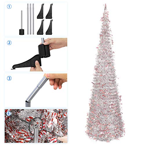 N&T NIETING Christmas Tree, 6ft Collapsible Pop Up Silver Tinsel Christmas Tree with Christmas Candy Cane Coastal Christmas Tree for Holiday Xmas Decorations, Home Display, Office Decor