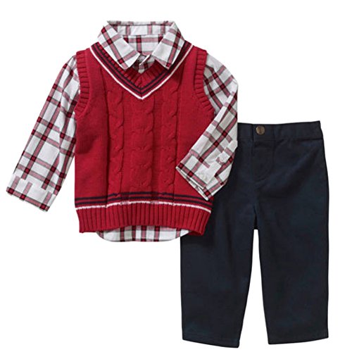 George Infant Boys 3P Holiday Outfit Red Sweater Vest Shirt & Navy Pants NB