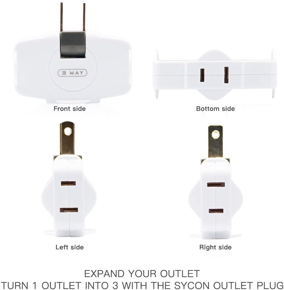 SYCON 3 Way Wall Outlet Extender AC Adapter, 2-Prong Swivel Mini Indoor Wall Tap Power Outlet Extender Plug, White - - 