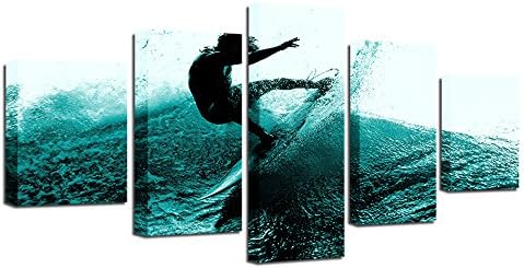 HD Prints 5 Pieces Surfing Paintings Surfer Waves Landscape Artwork Canvas Prints Abstract Pictures Sensation to Photo Paintings on Canvas Wall Art for Home Decorations Wall Decor,40x60 40x80 40x100cm,Frame