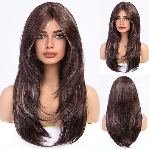 Photo 1 of HAIRCUBE Brown Wigs for Women,Long Layered Brown with Blonde Highlight Wigs with Bangs Heat Resistant Synthetic Fibre Wigs