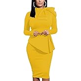 Women's Peplum Bodycon Long Sleeve Wear to Work Dresses Bow Party Club Ruffle Formal Cocktail Pencil Dress