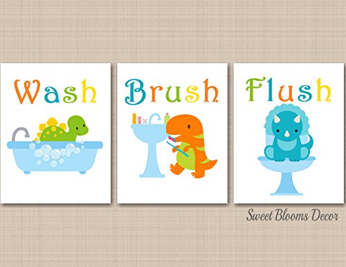 Dinosaur Bathroom Wall Art Dinosaur Bathroom Décor Blue Green Orange Kids Bathroom Décor Baby Boy Bathroom Wash Brush Flush-UNFRAMED 3 PRINTS (NOT CANVAS) B149