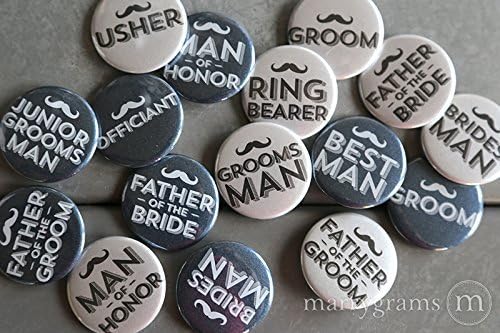 Mustache Style Wedding Party Buttons, Set of 10, Choose Your Titles, Groomsman, Best Man, Usher, Ring Bearer, Father of the Groom, Father of Bride, Groom, Bachelor Party Pinback Button Pins