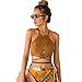 Blooming Jelly Women's High Neck Self-tie Crop Top,Brown,Medium