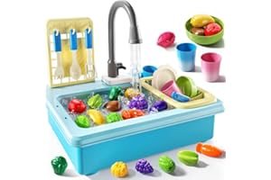 JUKUDAHU Play Sink with Running Water, Play Kitchen Toys Sink for Kids 3 4 5 6 7 Years Old, Electrical Dishwasher, Color Chan