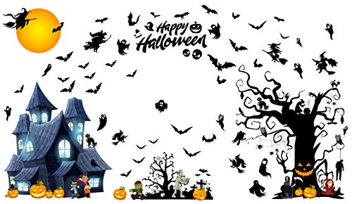 Jeicy 57"x98" Happy Halloween Wall Decals Pumpkins Spooky Cemetery Witch and Bats Tomb Wall Stickers for Halloween Decoration Super Size
