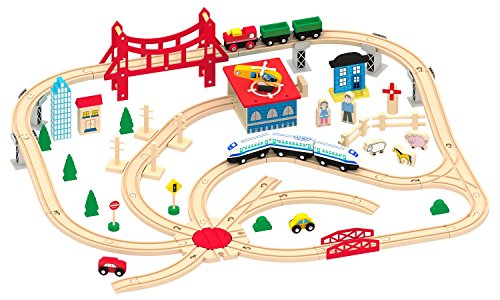 Kids Destiny Deluxe Wooden Railway Set with Vocal Sound and Lots of accessories (130+ pcs) - 100% Compatible with All Major Brands Including Thomas Wooden Railway System