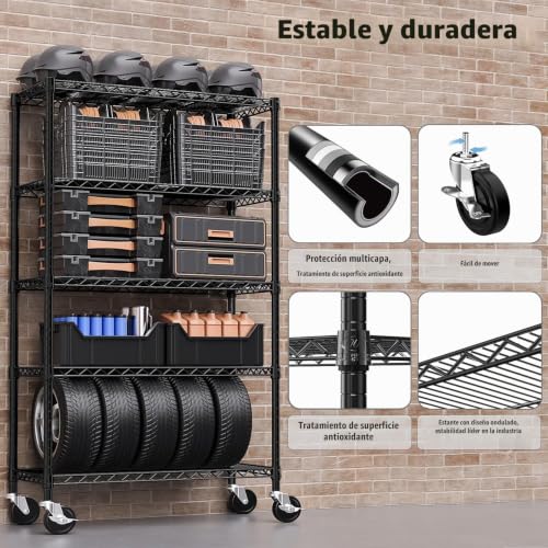 M MZG Metal Shelving Unit with Lockable Wheels Heavy Load 5 Levels, up to 750 kg, Adjustable Shelves, for Garage, Workshop and Warehouse, Studio, Black, 45 x 120 x 192 cm