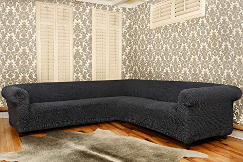 Sectional Sofa Cover - Corner Couch Cover - Corner Slipcover - Cotton Fabric Slipcovers - 1-Piece Form Fit Stretch Furniture Slipcover - Mille Righe Collection - Dark Grey (Corner Sofa)