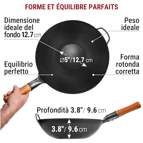 YOSUKATA Professional Wok Frying Pan 34 cm – Traditional Carbon Steel Wok, Original Chinese Preconditioned Flat Bottom – Suitable for Gas, Induction, Electric and Open Fire (Black)